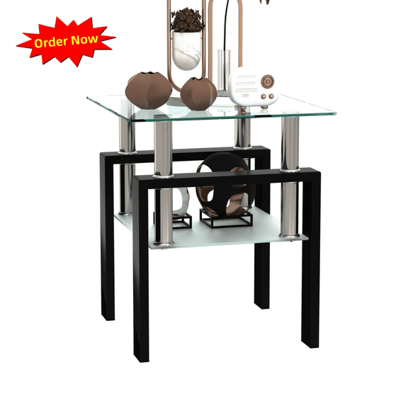 Tcbosik 2-Tier Tempered Glass Side Table, Modern End Table with Open Shelf, 17.7" Square Night Stand for Living Room, Bedroom, Easy Assembly, Transparent & Black