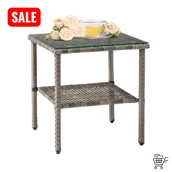 Tcbosik 2-Tier Wicker Side Table with Glass Top, 17.5" Square End Table with Open Shelf, Outdoor Bistro Table for Backyard, Poolside, Porch, Patio, Gray