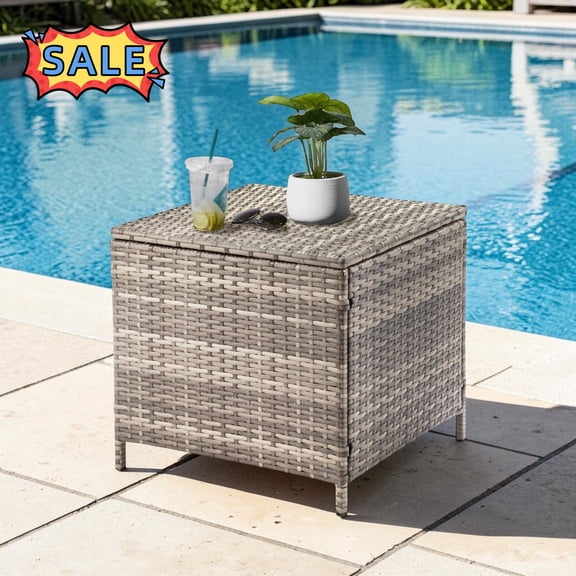 Tcbosik 20.9 inch Outdoor Wicker Side Table with Storage, End Table for Garden, Patio, Poolside, Backyard, Grey