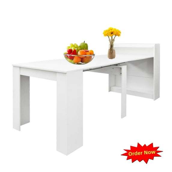 Tcbosik 20"-98" Extendable Dining Table with Storage for 1-8 Person, Modern Rustic Rectangle Kitchen Table for Home, Apartment, Space Saving, White