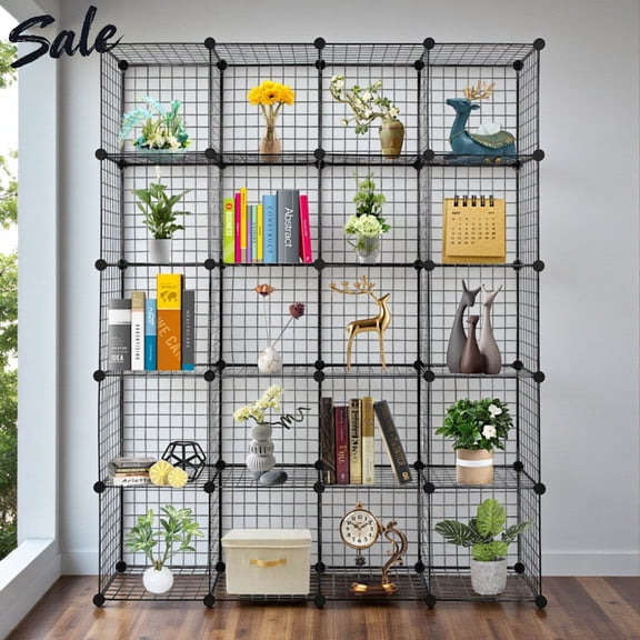 Tcbosik 20-Cube Storage Organizer, Modular Metal Wire Grid Cube Shelves with ABS Connectors, DIY Closet Organizer Open Bookcase for Bedroom, Office, Black