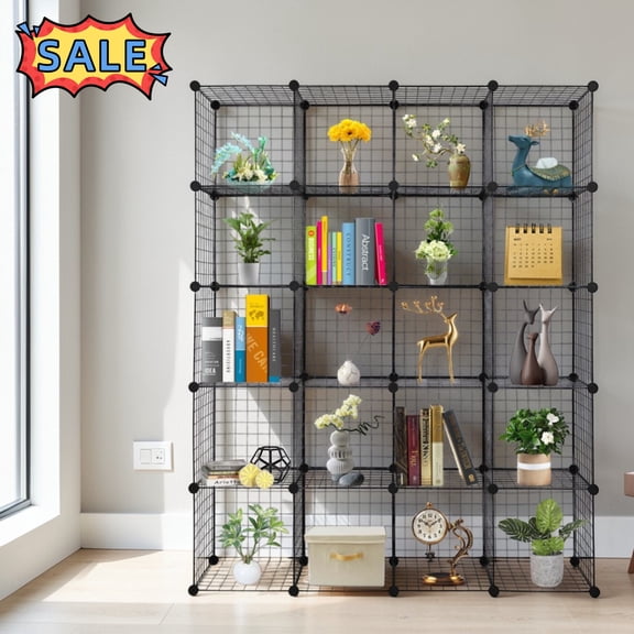 Tcbosik 20 Cubes Metal Modular Bookcase, Stackable Grid Storage Shelves, 47"L x 14"W x 70"H, Black