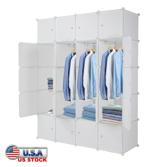 Tcbosik 20-Cube Storage Organizer with Door, DIY Modular Closet with Hanging Rod, Bookshelf for Bedroom Living Room, White