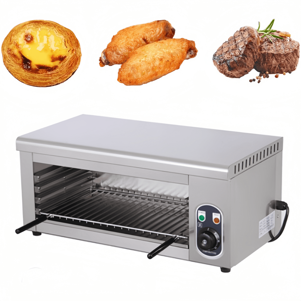 Tcbosik 2000W Electric Cheese Melter, Countertop Salamander Broiler, Stainless Steel Toaster Oven with Clip, Grill, Oil Tray and Gloves for Kitchen, Silver