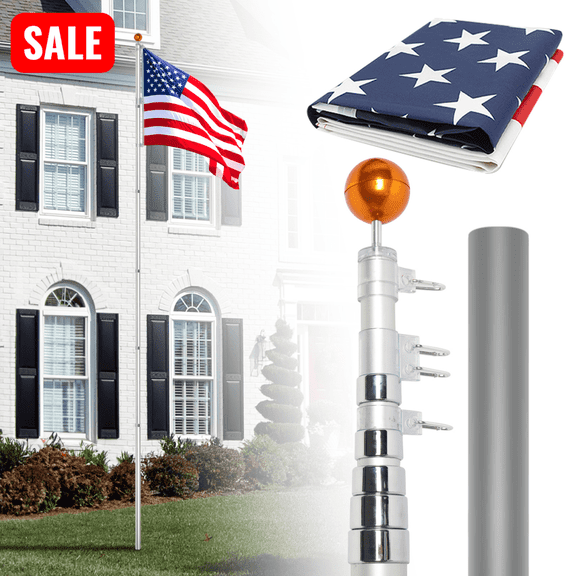 Tcbosik 20FT Flag Pole Kit with 5' x 3' American Flag, Heavy Duty Telescopic Aluminum Flagpole with Golden Ball Topper for Outside, Porch, Yard