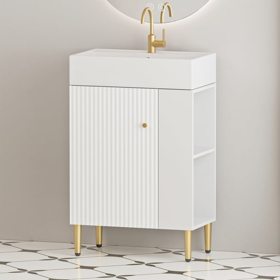 Tcbosik 21.6" Bathroom Vanity with Ceramic Sink, Floor Standing Storage Cabinet with Side Storage and Soft Closing Door for Washroom, Restroom, White