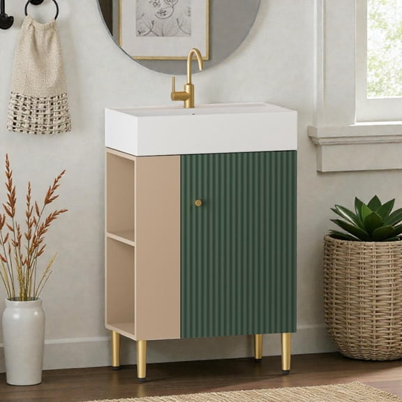 Tcbosik 21.6-Inch Compact Vanity Set w/ Ceramic Sink, Contemporary Bathroom Cabinet with Wave-Pattern Door & Soft-Close Hinges, Brushed Copper Accents, Left Side Open Shelf, Green