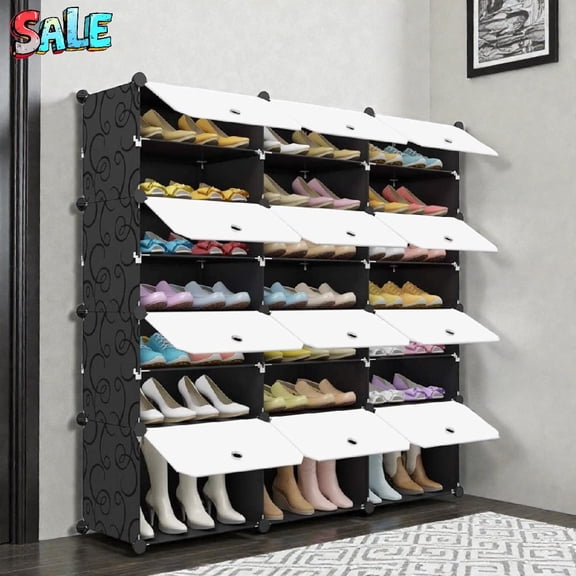 Tcbosik 21-Compartment Modular Cube Storage Organizer, DIY Plastic & Metal Shelving Unit with Doors, Multi-Purpose Closet, Shoe & Clothes Storage Cabinet – Black+White