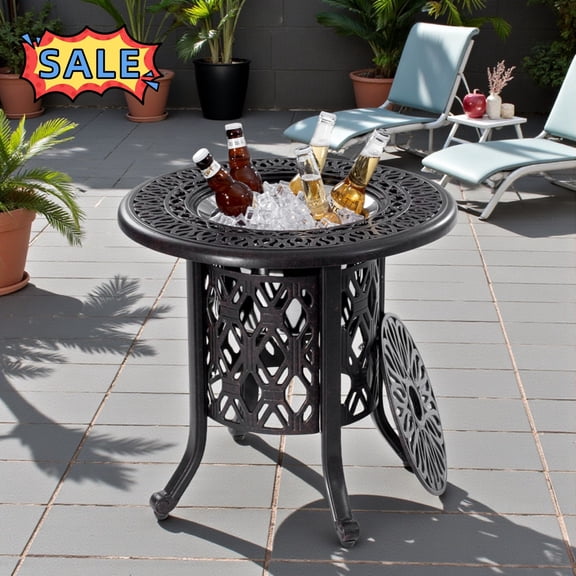 Tcbosik 21 Inch Round Side Table with Hidden & Removable Ice Bucket, Weather-Resistant Cast Aluminum Drink Cooler Table, Outdoor End Table for Poolside, Garden, Backyard, Antique Bronze