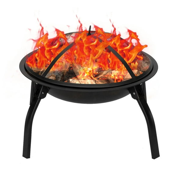 Tcbosik 22" Folding Iron Brazier Wood Burning Fire Pit Four-legged for Backyard Poolside, Black