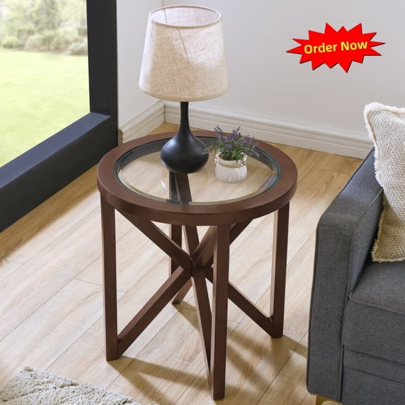 Tcbosik 22" Round Side Table, End Table with Glass Top and Wood Base, Night Stand for Bedroom, Living Room, Easy Assembly, Cherry