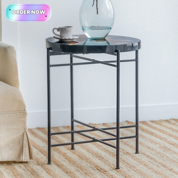 Tcbosik 22 inch Round Side Table, Modern End Table with Metal Frame for Small Space, Living Room, Easy Assembly, Black & Brown