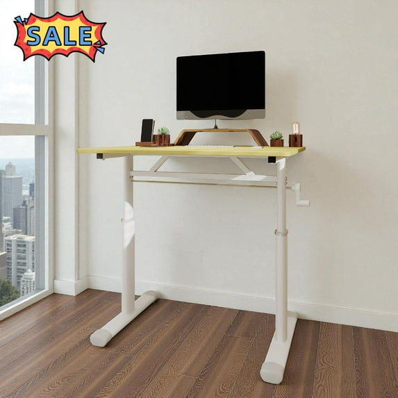 Tcbosik 23.6" - 35.4" Height Adjustable Desk, Small Study Desk with Crank Handle, Standing Study Desk for Home Office, Wood Color