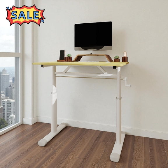 Tcbosik 23.6" - 35.4" Height Adjustable Desk, Small Study Desk with Crank Handle, Standing Study Desk for Home Office, Wood Color