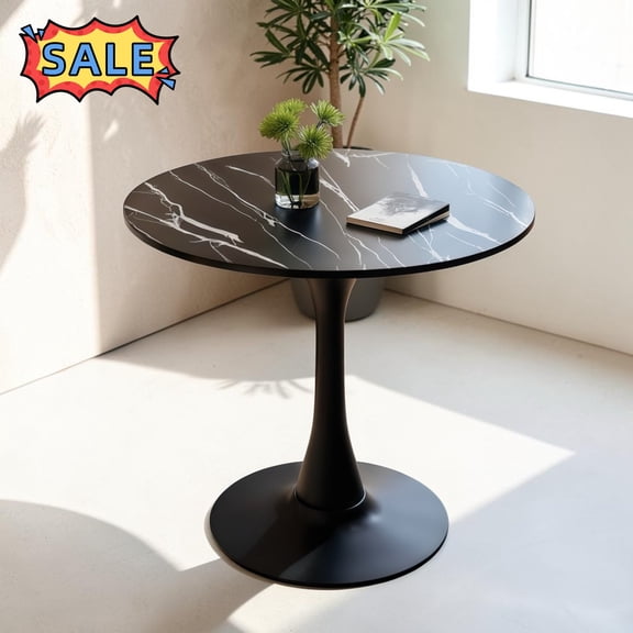 Tcbosik 23.6 Inch Round Dining Table, Circle Tulip Table with Faux Marble Top and Metal Base for Kitchen, Living Room, Black