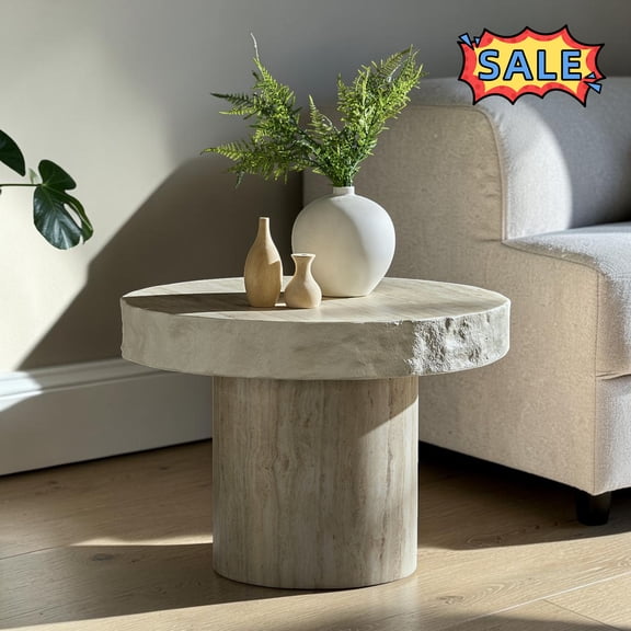 Tcbosik 23.8 Inch Round End Table, Faux MARS Textural Pattern Side Table for Small Space, Living Room, Bedroom, No Assembly Required, Beige