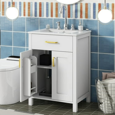 Tcbosik 24" Bathroom Vanity with Single Sink Combo, Modern Bath Cabinet with Drawer, Shelves and 2 Doors, Freestanding Bathroom Vanity with Ceramic Sink, Gold+White