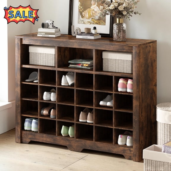 Tcbosik 24 Cubby Console Shoe Cabinet, Versatile Shoe Rack for Hallway Enterway Living Room, Rustic Brown