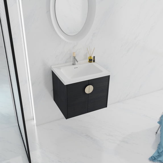 Tcbosik 24" Modern Wall Mounted Bathroom Vanity with Ceramic Basin Set & 2 Soft Close Doors for Bathroom, Small Floating Vanity Bathroom for Small Space, Black