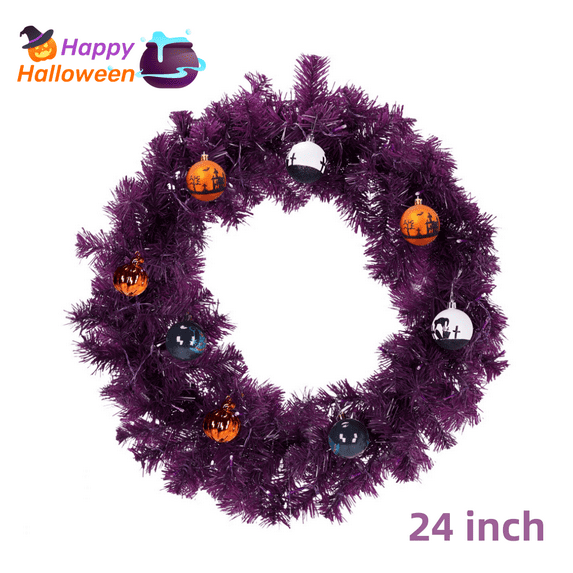 Tcbosik 24 inch Black Christmas Wreath, Pre-lit Artificial Halloween Wreath with 50 Purple & Orange Lights and 100 PVC Tips, Holiday Decoration with Ball Ornaments for Indoor, Outdoor, Home, Party