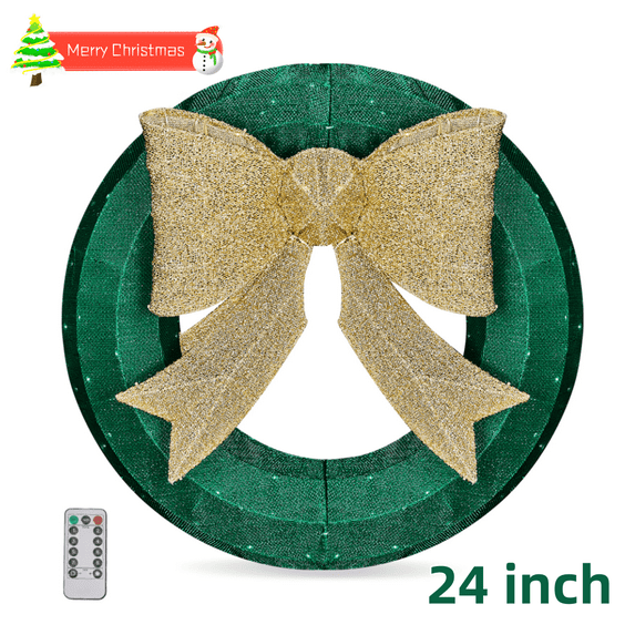 Tcbosik 24 inch Outdoor Christmas Wreath Decoration with 200 Green & Warm White LED Lights, Lighted Xmas Decor with Gold Bow for Home, Green
