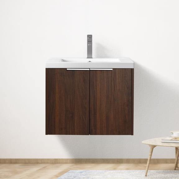 Tcbosik 24 inch Wall Mounted Vanity Cabinet with Resin Sink for Small Space Bathroom Washroom, California Walnut