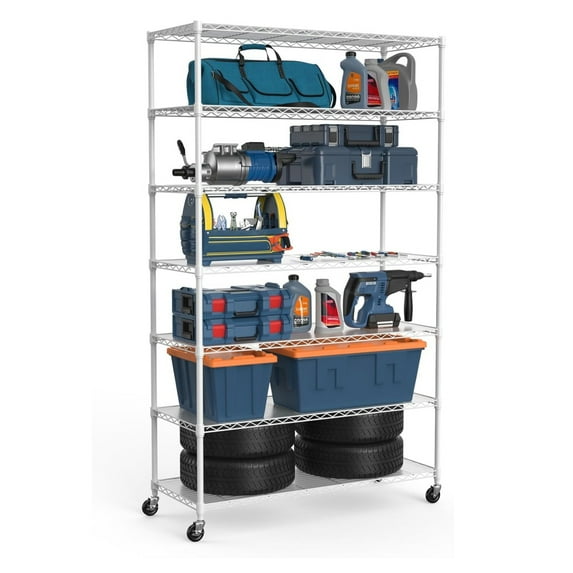 Tcbosik 2450lbs Capacity Heavy Duty Wire Shelving, 7-Tier Metal Shelf with Wheels, Adjustable Shelving Unit with Shelf Liners for Kitchen Garage, Chrome