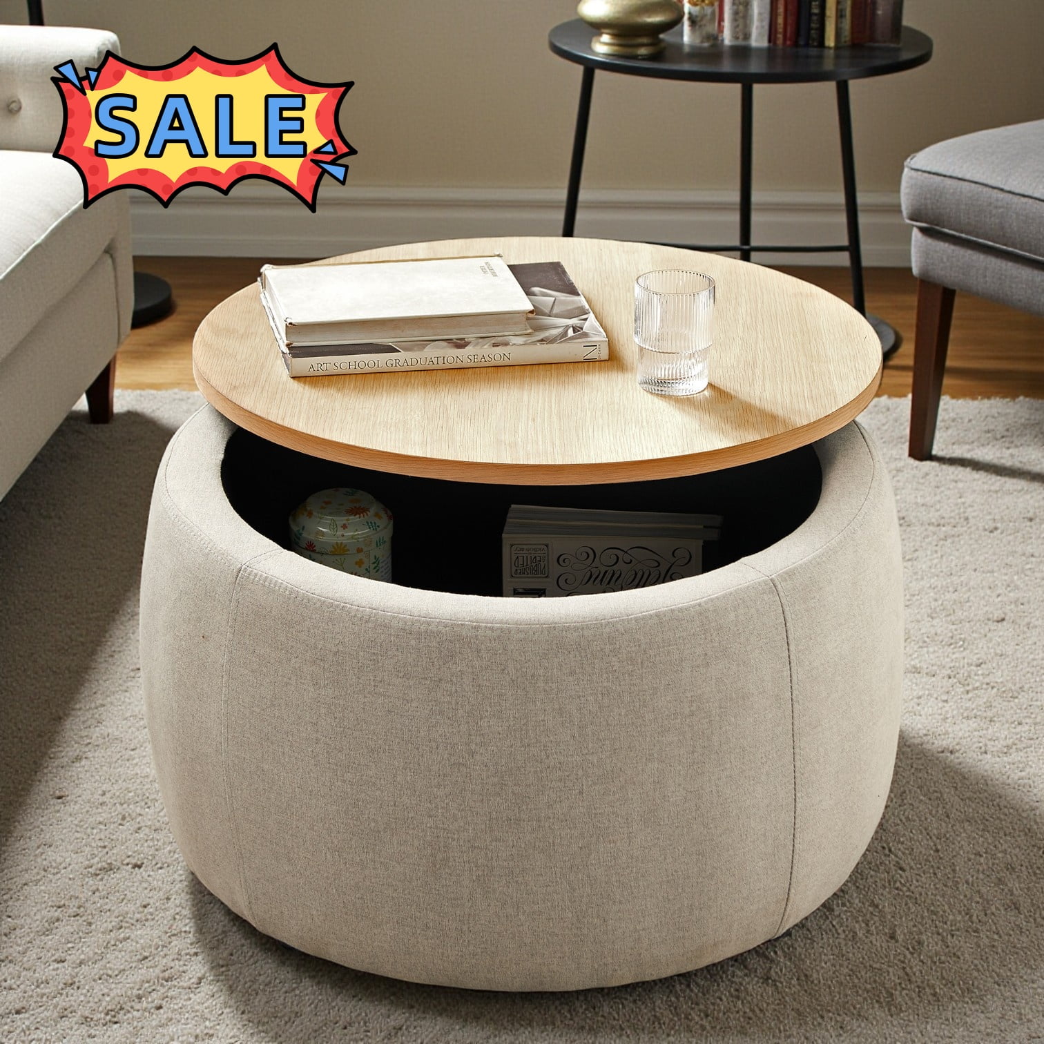 Tcbosik 25.5" Round Ottoman with Storage, End Table with Wood Lid for Home Office Living Room, Light Grey
