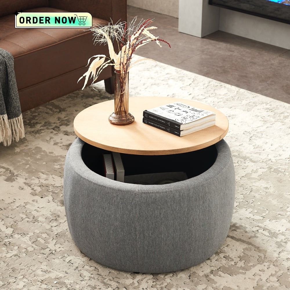 Tcbosik 25.5inch Round Storage Ottoman with Wood Lid, 2 in 1 Functional End Table, Footstool for Bedroom Living Room, Dark Grey