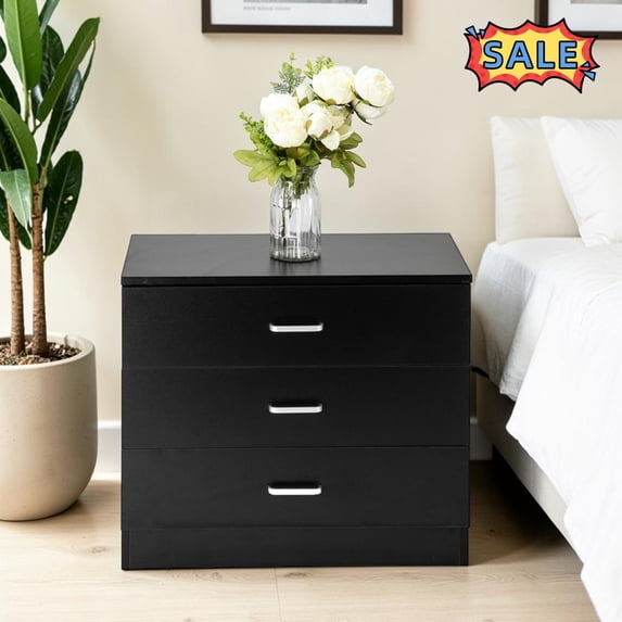 Tcbosik 25.9" Side Table with 3 Storage Drawers, Mid Century Modern Night Stand, End Table for Bedroom, Closet, Living Room, Black