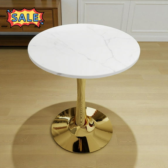 Tcbosik 27.5" Mid-Century Round Dining Table, Small Circle Table with Faux Marble Top and Metal Base for Kitchen, Living Room, White & Gold