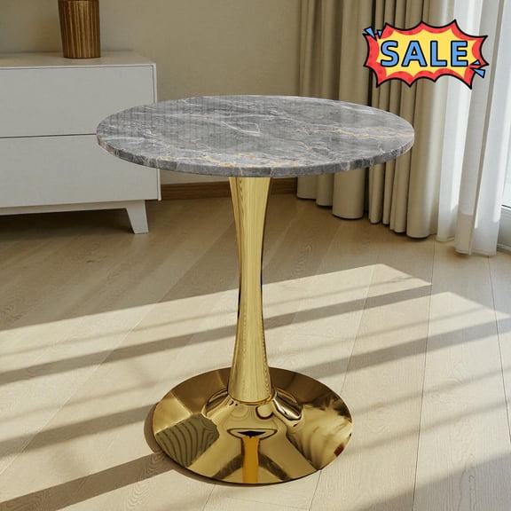 Tcbosik 27.5" Small Round Table with Faux Marble Top, Dining Table with Pedestal Base, Dinner Table for Kitchen, Breakfast Nook, Gray & Gold