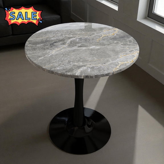 Tcbosik 27.5" Tulip Dining Table with Faux Marble Top, Mid-Century Modern Dining Table with Metal Base, Coffee Table for Small Space, Living Room, Kitchen, Gray & Black