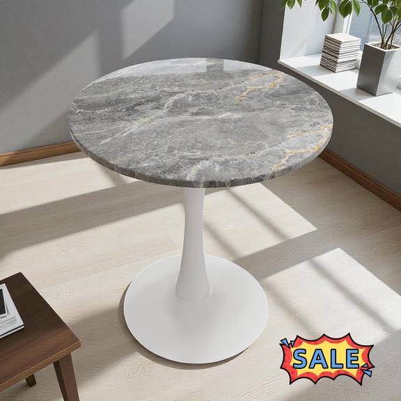 Tcbosik 27.5 inch Round Dining Table for 2 Person, Modern Farmhouse Kitchen Table, Small Circle Table with Faux Marble Top and Metal Pedestal Base, Easy Assembly, Gray & White