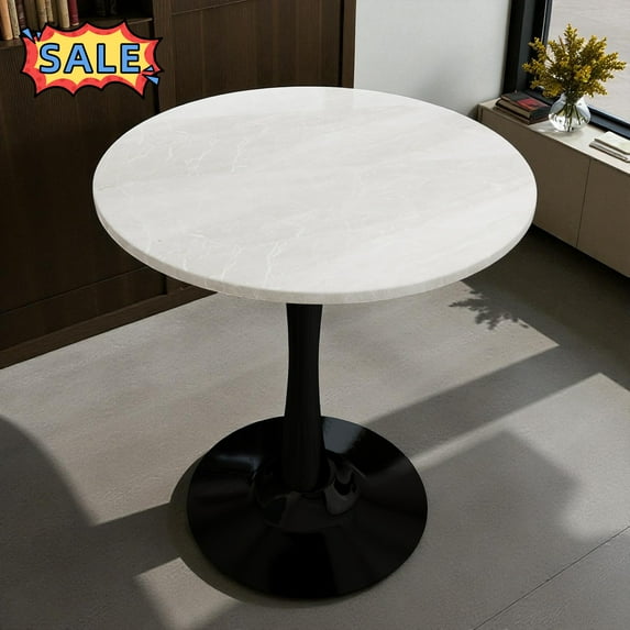 Tcbosik 27.5 inch Small Round Dining Table for 2 Person, Mid Century Modern Tulip Table with Faux Marble Top and Metal Base for Kitchen, Living Room, Cafe, White & Black