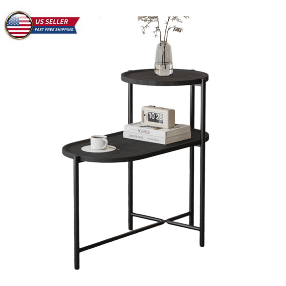 Tcbosik Side Table with Round Tray Top, 2-Tier End Table with Open Shelves, Nightstand for Small Space Living Room, Black