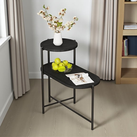 Tcbosik 27.55" Oval Side Table; 2-Tier MDF Trays with Rounded Edges, Sturdy Metal X-Frame, Narrow End Table for Living Room & Home Office (Black)