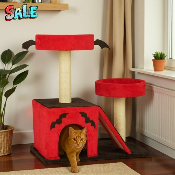 Tcbosik 27.5in Cat Tree with Condo & 2 Perches, Sisal Scratching Ramp & Hanging Spider Toy, Unique Gothic Tower with Bat Wings Accent, Red and Black