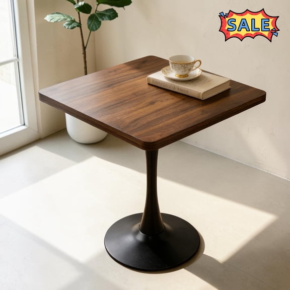 Tcbosik 27.8" Square Dining Table, Tulip Table with Metal Pedestal, Mid Century Modern Bistro Table for Kitchen, Living Room, Walnut
