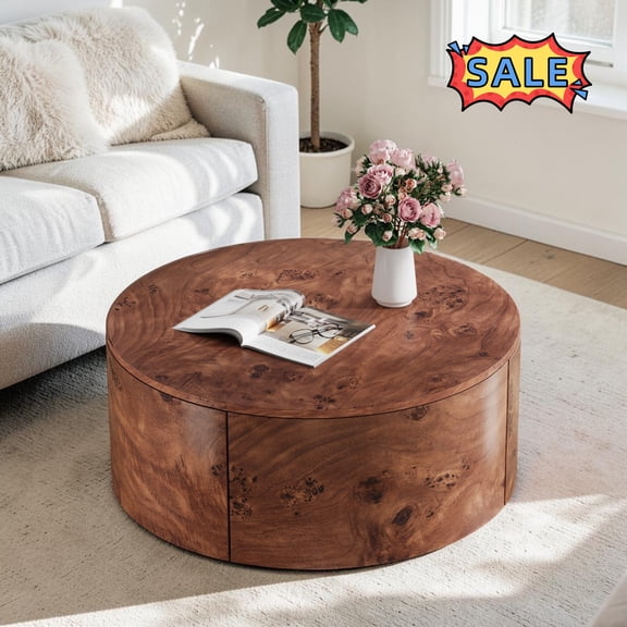 Tcbosik 28.4 Inch Rotating Coffee Table, Round Center Table with 2 Storage Drawers for Living Room, Easy Assembly, Walnut