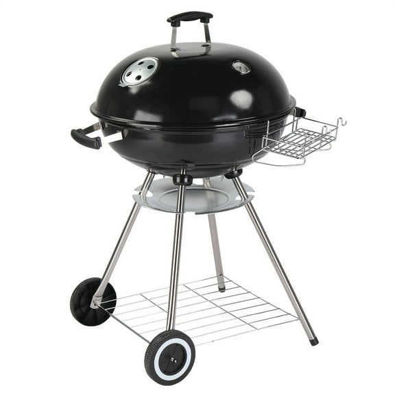 Tcbosik 28-Inch Portable Round Barbecue Grill with Wheels, Storage Holder, Porcelain-Enameled Lid and Thermometer for Outdoor Party Camping Picnic, Black