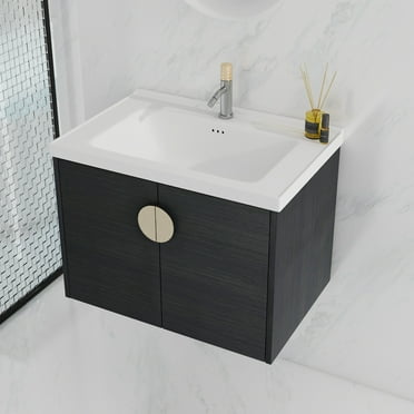 Tcbosik 28 inch Bath Vanity with Sink, Floating Bathroom Vanity with Ceramic Sink, Modern Vanity Cabinet with Soft-Close Doors, Black