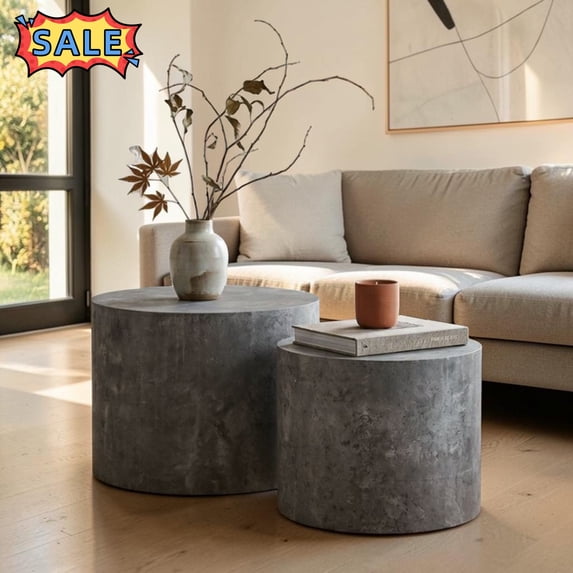 Tcbosik 2pcs/Set Nesting Coffee Tables, Round Side Table, Modern End Table, Circle Center Table for Living Room, No Assembly Required, Stone Gray