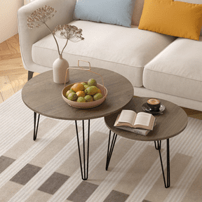 Tcbosik 2pcs/Set Nesting Coffee Tables, Wooden Tea Table with Metal Base, Sofa Side Table, Easy Assembly, Rustic Brown