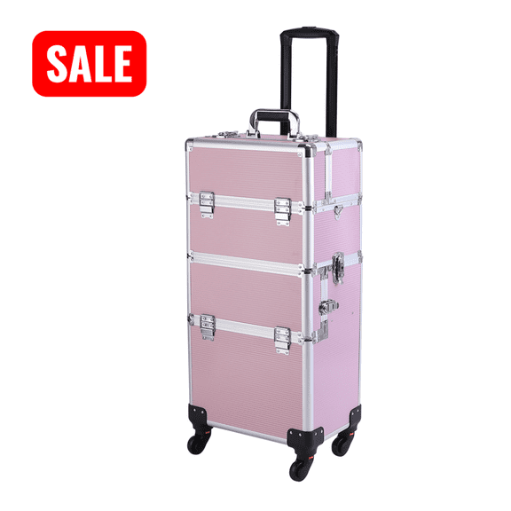 Tcbosik 3 in 1 Rolling Makeup Train Case with Universal Wheels, Cosmetic Storage Trolley with Keys, Salon Barber Case for Make Up Hairstylists Nail Tech, Pink