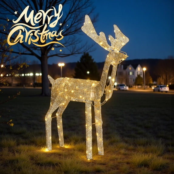 Tcbosik 3.6ft Outdoor Christmas Decoration with Motor and 120 LED Lights, Motorized Reindeer with Shaking Head, Xmas Holiday Decor with Warm White Light for Indoor & Outdoor, Gold