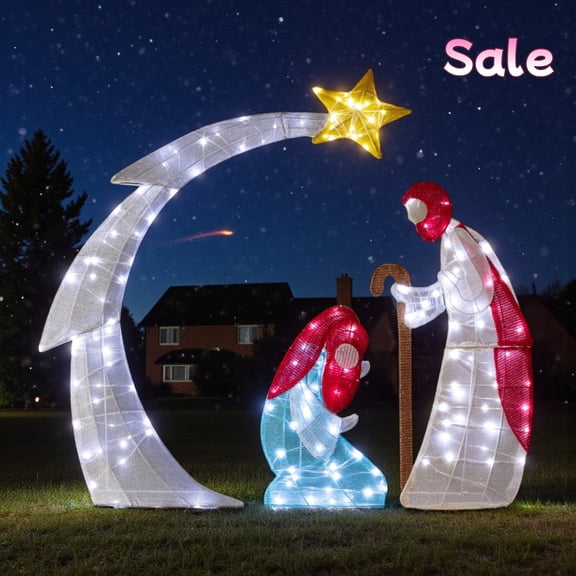 Tcbosik 3.7ft Lighted Nativity Scene Outdoor Christmas Decoration, Lighted Up Xmas Holiday Decor with 170 White LED Lights and Stakes for Yard, Garden, Easy Assembly, White