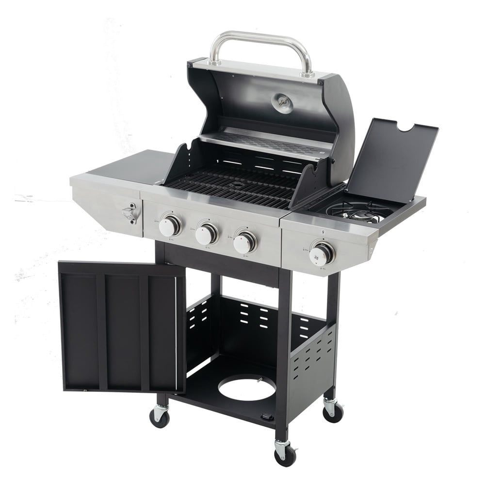 Tcbosik 3 Burner BBQ Propane Gas Grill w/Lockable Wheels, 37,000 BTU Stainless Steel Barbecue Grill with Thermometer, Hooks, Bottle Opener and Side Storage Shelves for Outdoor Garden Patio, Silver