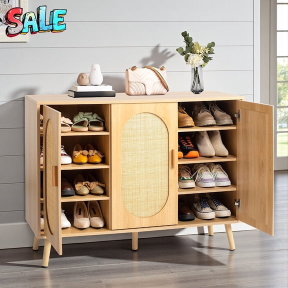 Tcbosik 3-Door Rattan Shoe Cabinet with Adjustable Shelves - Farmhouse Shoes Storage Organizer with 6.3"H Legs for Entryway Bedroom Hallway (Natural, 44.49"L x 15.75"W x 32.87"H)