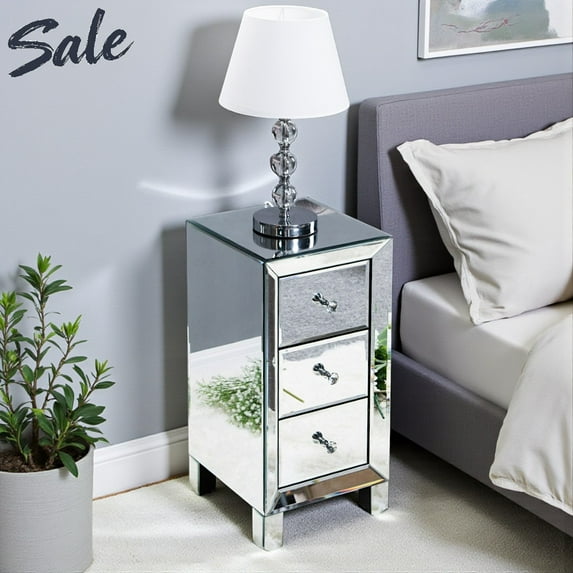 Tcbosik 3-Drawer Mirrored Nightstand, Modern End Desk Bedside Table for Bedroom, Living Room, Silver, 11.81"L x 11.81"W x 23.62"H